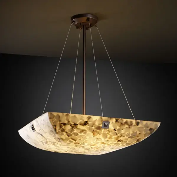 Shaved Alabaster Rocks Shade Collection: Alabaster Rocks Finish: Dark Bronze Glass: Shaved Alabaster Rocks Cast Into Resin Notes: Shaved Alabaster Rocks Shade Width: 27.00" Height: 30.00" Length: 27.00" Canopy: 2" H x 6" Dia. Number of Bulbs: 6 Maximum Wattage: 75.00 W Bulb Type: A19 Bulb Base: E26-Medium Light Source: Incandescent Safety Listing: Damp Safety Rating: Damp