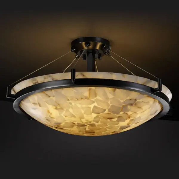 Shaved Alabaster Rocks Shade Collection: Alabaster Rocks Finish: Matte Black Glass: Shaved Alabaster Rocks Cast Into Resin Notes: Shaved Alabaster Rocks Shade Width: 27.00" Height: 12.00" Canopy: 2" H x 6" Dia. Number of Bulbs: 6 Maximum Wattage: 75.00 W Bulb Type: A19 Bulb Base: E26-Medium Light Source: Incandescent Safety Listing: Damp Safety Rating: Damp