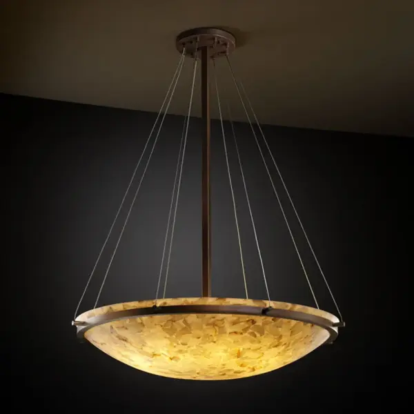 Shaved Alabaster Rocks Shade Collection: Alabaster Rocks Finish: Dark Bronze Glass: Shaved Alabaster Rocks Cast Into Resin Notes: Shaved Alabaster Rocks Shade Width: 39.00" Height: 48.00" Canopy: 2" H x 8.5" Dia. Number of Bulbs: 8 Maximum Wattage: 75.00 W Bulb Type: A19 Bulb Base: E26-Medium Light Source: Incandescent Safety Listing: Damp Safety Rating: Damp