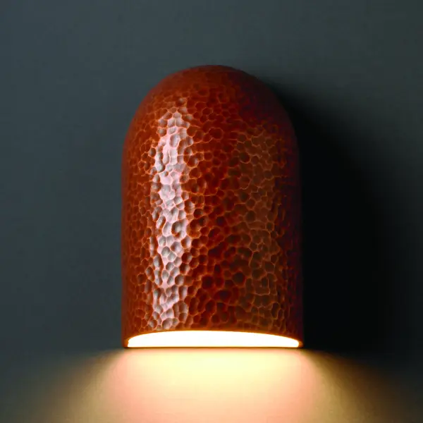 Collection: Ambiance Finish: Hammered Copper Notes: This item is available in up to 30 hand-painted finishes, as well as unfinished ceramic bisque (BIS) which is paintable Width: 6.00" Height: 9.50" Extension from Wall: 4.00" Top to Outlet: 4.75" Number of Bulbs: 1 Maximum Wattage: 100.00 W Bulb Type: A19 Bulb Base: E26-Medium Country of Origin: USA Safety Listing: Damp ADA