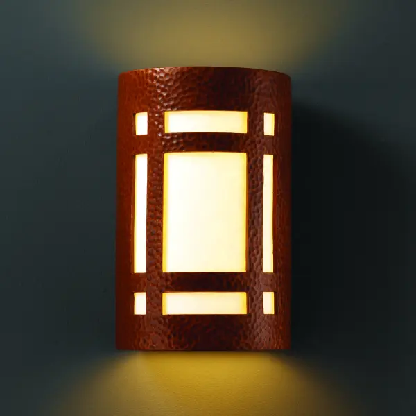 Collection: Ambiance Finish: Hammered Copper Glass: White Styrene Shade or MICA Notes: This item is available in up to 30 hand-painted finishes, as well as unfinished ceramic bisque (BIS) which is paintable Width: 5.75" Height: 9.50" Extension from Wall: 4.00" Top to Outlet: 4.75" Number of Bulbs: 1 Maximum Wattage: 60.00 W Bulb Type: A19 Bulb Base: E26-Medium Country of Origin: USA Safety Listing: Damp ADA