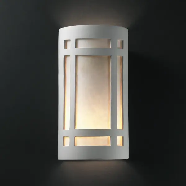 Collection: Ambiance Finish: Bisque Glass: White Styrene Shade or MICA Notes: This item is available in up to 30 hand-painted finishes, as well as unfinished ceramic bisque (BIS) which is paintable Width: 7.75" Height: 12.50" Extension from Wall: 4.00" Top to Outlet: 4.00" Number of Bulbs: 2 Maximum Wattage: 60.00 W Bulb Type: A19 Bulb Base: E26-Medium Country of Origin: USA Safety Listing: Damp ADA
