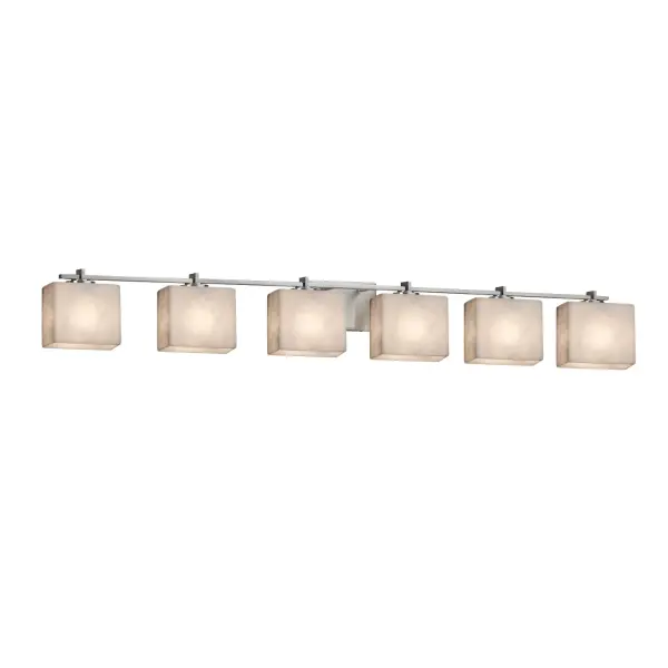 Collection: Clouds Finish: Brushed Nickel Glass: Clouds Resin Width: 55.50" Height: 6.25" Extension from Wall: 5.75" Number of Bulbs: 6 Maximum Wattage: 60.00 W Bulb Type: B13 Torpedo Safety Listing: Damp Safety Rating: Damp