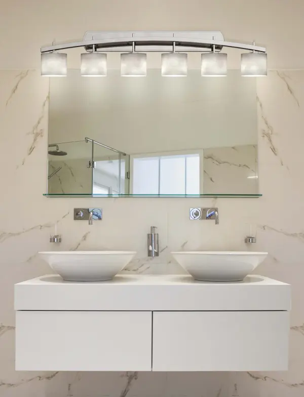Archway 6-Light Bath Bar Collection: Clouds Finish: Brushed Nickel Glass: Clouds Resin Width: 56.50" Height: 11.25" Extension from Wall: 5.50" Top to Outlet: 8.75" Number of Bulbs: 6 Maximum Wattage: 60.00 W Bulb Type: B13 Torpedo Safety Listing: Damp Safety Rating: Damp