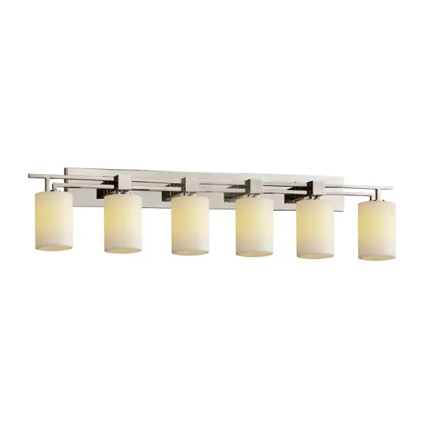 Collection: CandleAria Finish: Brushed Nickel Glass: Faux Candle Resin Width: 56.00" Height: 9.75" Extension from Wall: 5.25" Top to Outlet: 7.25" Number of Bulbs: 6 Maximum Wattage: 60.00 W Bulb Type: B13 Torpedo Safety Listing: Damp Safety Rating: Damp