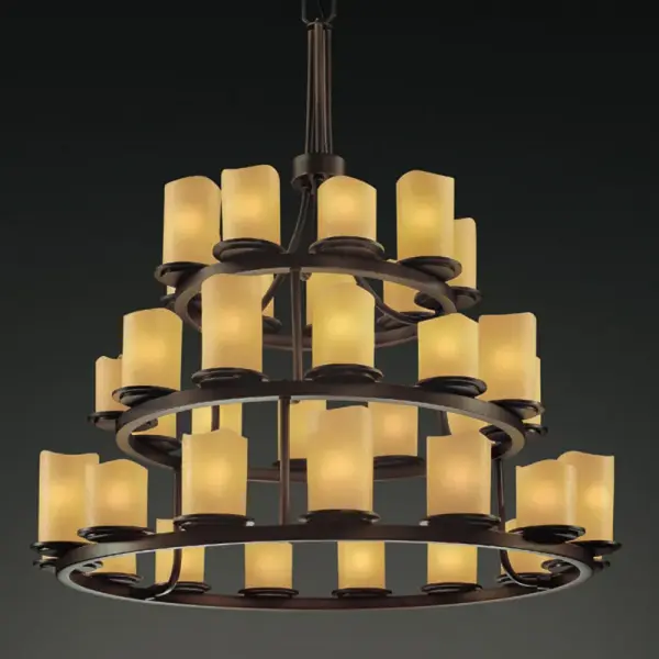 Primary Shade Material: Faux Candle Resin Collection: CandleAria Finish: Dark Bronze Glass: Faux Candle Resin Notes: Primary Shade Material: Faux Candle Resin Width: 42.00" Height: 42.00" Chain: 6` Wire: 10` Canopy: 1" H x 5.25" Dia. Number of Bulbs: 36 Maximum Wattage: 40.00 W Bulb Type: BA9 Torpedo Bulb Base: Bayonet Light Source: LED Safety Listing: Damp Safety Rating: Damp Energy Efficient