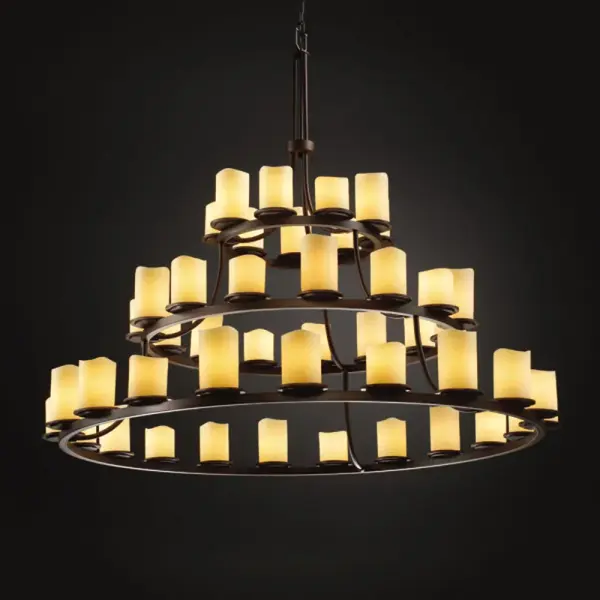 Primary Shade Material: Faux Candle Resin Collection: CandleAria Finish: Dark Bronze Glass: Faux Candle Resin Notes: Primary Shade Material: Faux Candle Resin Width: 60.00" Height: 54.00" Chain: 6` Wire: 10` Canopy: 1" H x 5.25" Dia. Number of Bulbs: 45 Maximum Wattage: 40.00 W Bulb Type: BA9 Torpedo Bulb Base: Bayonet Light Source: LED Safety Listing: Damp Safety Rating: Damp Energy Efficient