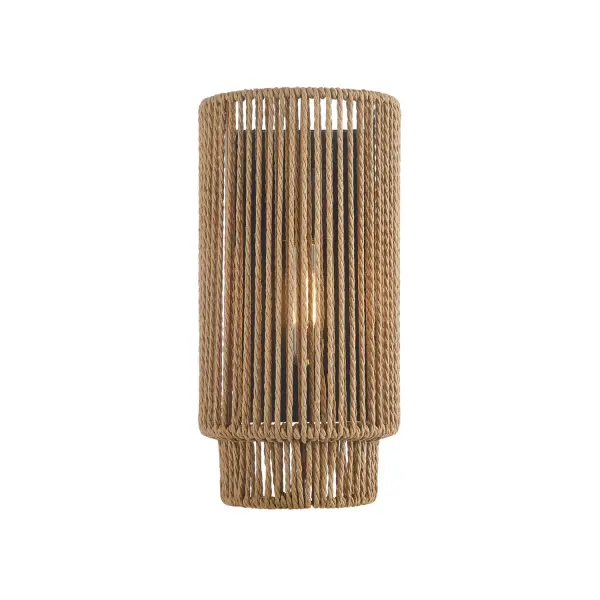 Layered cylindrical silhouette crafted from handwoven natural rope creates a warm, sculptural presence on the wall, Handwoven natural rope construction introduces organic texture and artisanal character, Sustainably inspired natural materials emphasize craftsmanship and environmental mindfulness, Open rope structure allows light to pass through, creating soft shadow play and visual depth, Natural rope finish adds warmth and an inviting, coastal-to-transitional aesthetic, Subtle asymmetry and layered form add visual interest and movement, ADA compliant design with shallow projection ideal for corridors, hallways, and compact spaces, Perfect for residential interiors and hospitality environments such as hotels, resorts, and boutique spaces, Works beautifully as an accent sconce or layered with coordinating Milos pendants for a cohesive design story, Durable metal framework concealed within the rope ensures long-term stability and performance, Design balances decorative impact with functional lighting for versatile wall applications Collection: Eco Finish: Matte Black Width: 6.50" Height: 13.00" Extension from Wall: 4.00" Number of Bulbs: 1 Maximum Wattage: 40.00 W Bulb Base: E26 Voltage: 120.00 V Safety Rating: Damp ADA