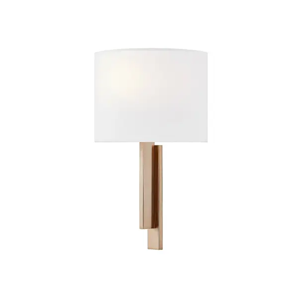 Collection: Textile Finish: Brushed Brass Glass: White Linen Fabric Width: 10.00" Height: 14.00" Extension from Wall: 4.00" Canopy: 5" H x 8" W Number of Bulbs: 1 Maximum Wattage: 40.00 W Bulb Type: E26 Bulb Base: E26 Voltage: 120.00 V Safety Rating: Damp ADA