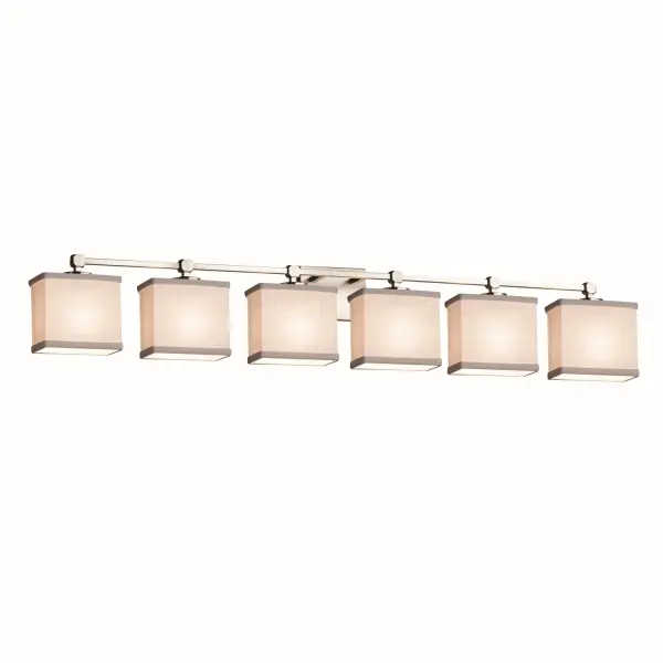 Collection: Textile Finish: Brushed Nickel Glass: Woven Fabric Width: 50.50" Height: 7.75" Extension from Wall: 5.25" Top to Outlet: 5.50" Number of Bulbs: 6 Maximum Wattage: 60.00 W Bulb Type: B13 Torpedo Safety Listing: UL Safety Rating: Damp