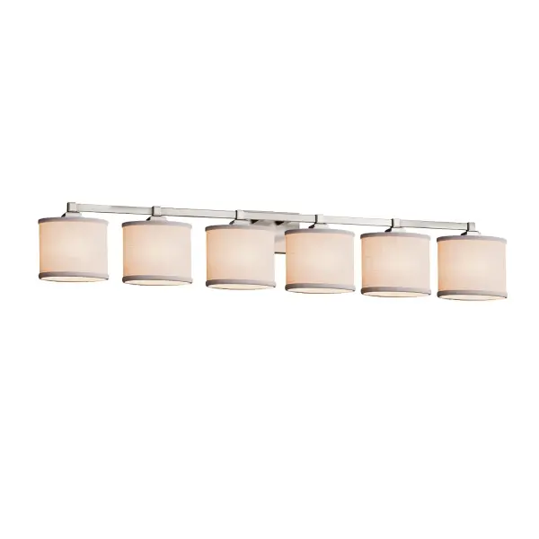 Collection: Textile Finish: Brushed Nickel Glass: Woven Fabric Width: 51.50" Height: 8.00" Extension from Wall: 5.25" Top to Outlet: 5.75" Number of Bulbs: 6 Maximum Wattage: 60.00 W Safety Listing: UL Safety Rating: Damp