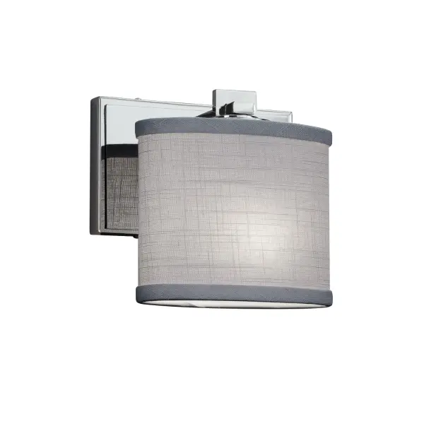 Collection: Textile Finish: Polished Chrome Glass: Woven Fabric Width: 7.00" Height: 6.75" Extension from Wall: 4.00" Number of Bulbs: 1 Maximum Wattage: 60.00 W Bulb Type: B13 Torpedo Safety Listing: UL Safety Rating: Damp ADA