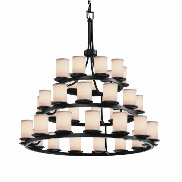 Collection: Textile Finish: Matte Black Glass: Woven Fabric Width: 42.00" Height: 42.00" Chain: 6` Wire: 10` Canopy: 1" H x 5.25" Dia. Number of Bulbs: 36 Maximum Wattage: 40.00 W Bulb Type: BA9 Torpedo Safety Listing: Damp Safety Rating: Damp