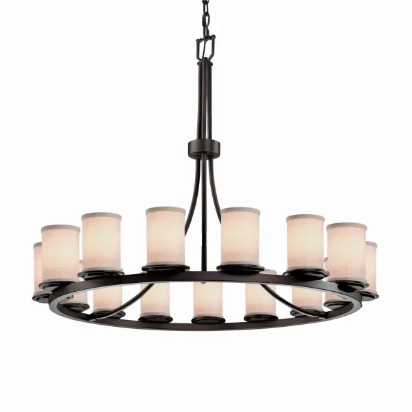 Collection: Textile Finish: Dark Bronze Glass: Woven Fabric Width: 42.00" Height: 34.00" Chain: 6` Wire: 10` Canopy: 1" H x 5.25" Dia. Number of Bulbs: 15 Maximum Wattage: 60.00 W Bulb Type: BA9 Torpedo Safety Listing: Damp Safety Rating: Damp