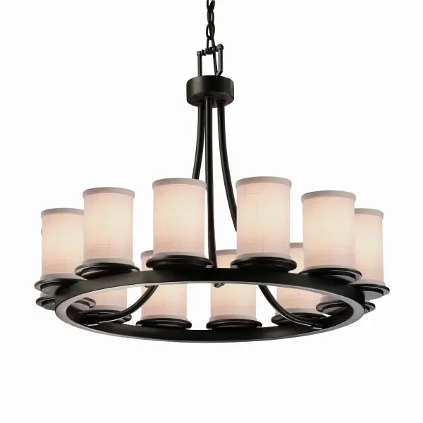 Collection: Textile Finish: Matte Black Glass: Woven Fabric Width: 28.00" Height: 23.00" Chain: 6` Wire: 10` Canopy: .75" H x 5" Dia. Number of Bulbs: 12 Maximum Wattage: 60.00 W Bulb Type: BA9 Torpedo Safety Listing: Damp Safety Rating: Damp