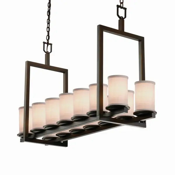 Collection: Textile Finish: Dark Bronze Glass: Woven Fabric Width: 13.00" Height: 27.00" Length: 42.00" Chain: 6` Wire: 10` Canopy: .75" H x 35" L x 5" W Number of Bulbs: 14 Maximum Wattage: 60.00 W Bulb Type: BA9 Torpedo Safety Listing: Damp Safety Rating: Damp