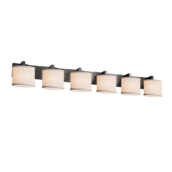 Collection: Textile Finish: Matte Black Glass: Woven Fabric Notes: This fixture can be installed as an uplight or downlight Width: 56.50" Height: 7.75" Extension from Wall: 6.50" Top to Outlet: 5.25" Number of Bulbs: 6 Maximum Wattage: 60.00 W Bulb Type: B13 Torpedo Safety Listing: Damp Safety Rating: Damp