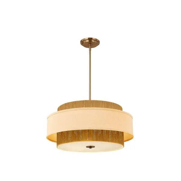 Layered drum silhouette blends coastal warmth with transitional to mid-century modern design, Hand-wrapped warm natural rope inner shade in a honey tone adds rich texture and artisanal character, Cream linen outer shade softly diffuses light for a warm, inviting glow, Warm natural rope contrasts beautifully with the tailored linen outer shade for refined visual depth, Natural rope filters light subtly, creating soft texture and ambient atmosphere, Refined mix of organic materials and clean lines delivers a relaxed yet elevated aesthetic, Brushed Brass hardware accents add warmth and a sense of understated luxury, Brushed Brass finish complements the natural fibers while enhancing the fixture's sophisticated appeal, Layered construction creates visual interest even when the fixture is off, Thoughtfully balanced proportions make the design feel substantial yet airy, Designed as a statement pendant for dining tables, kitchen islands, and seating areas, Supplied with (1) 6 in. stem and (3) 12 in. stems for adjustable hanging height, Adjustable stem system allows the fixture height to be customized for various ceiling heights, Includes a 90-degree swivel for installation on sloped ceilings, Stepped canopy design echoes the layered drum silhouette for a cohesive, intentional look, Clean canopy installation with no visible screws maintains a refined, uncluttered appearance, Ideal for dining rooms, living areas, bedrooms, and entryways, Suitable for residential interiors and upscale hospitality settings, Creates a warm focal point that pairs effortlessly with today's neutral palettes and natural furnishings. Collection: Textile Finish: Brushed Brass Glass: Cream Linen Fabric Width: 24.00" Height: 11.50" Canopy: 6" Dia. x 1" H Number of Bulbs: 5 Maximum Wattage: 60.00 W Bulb Base: E26 Voltage: 120.00 V Safety Rating: Damp