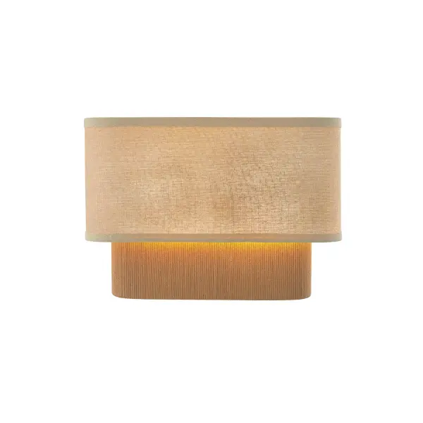 Layered rectangular silhouette blends coastal warmth with refined transitional to mid-century modern design, Hand-wrapped natural honey tone rope inner shade introduces rich texture and artisanal character, Cream linen outer shade softens and diffuses light for a warm, inviting glow, Contrasting organic and tailored materials create depth and visual interest even when unlit, Curved profile adds gentle movement and sculptural interest to the wall plane, Balanced mix of soft fabric and woven texture delivers a relaxed yet luxurious aesthetic, Designed to function as both decorative accent lighting and ambient illumination, ADA compliant design with shallow projection ideal for corridors, hallways, and tight spaces, Suitable for residential interiors and upscale hospitality environments, Ideal for bedrooms, living spaces, dining areas, entryways, and hotel guest rooms, Pairs seamlessly with coordinating Narberth pendants and semi-flush mount for a cohesive interior story Collection: Textile Finish: Brushed Brass Glass: Cream Linen Fabric Width: 14.00" Height: 10.00" Extension from Wall: 4.00" Canopy: 6" H x 8.75" W x 0.75" Proj. Number of Bulbs: 2 Maximum Wattage: 60.00 W Bulb Base: E12 Voltage: 120.00 V Safety Rating: Damp ADA