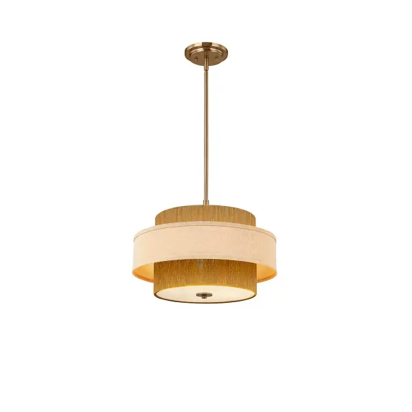 Layered drum silhouette semi-flush / Pendant blends coastal warmth with transitional to mid-century modern design, Hand-wrapped warm natural rope inner shade in a honey tone adds rich texture and artisanal character, Cream linen outer shade softly diffuses light for a warm, inviting glow, Contrasting materials create depth and visual interest even when the fixture is off, Natural rope filters light beautifully, adding subtle pattern and atmosphere to the space, Refined mix of organic textures and tailored forms delivers a relaxed yet elevated aesthetic, Brushed Brass metal accents introduce warmth and a touch of understated luxury, Brushed Brass finish complements the natural materials while elevating the overall design, Convertible design functions as a semi-flush or pendant for flexible installation options, Converts to pendant by removing the canopy, adding stems to the desired height, then reinstalling the canopy, Supplied with (1) 6 in. stem and (3) 12 in. stems for adjustable hanging height, Adjustable stem system allows customization for various ceiling heights, Includes a 90-degree swivel for installation on sloped ceilings, Stepped canopy design echoes the layered drum construction for a cohesive, intentional look, Ideal for dining rooms, living spaces, bedrooms, and entryways, Suitable for residential interiors and upscale hospitality settings, Creates a warm focal point that complements today's furnishings and neutral palettes, Collection: Textile Finish: Brushed Brass Glass: Cream Linen Fabric Width: 18.00" Height: 12.50" Canopy: 6" Dia. x 1" H Number of Bulbs: 3 Maximum Wattage: 60.00 W Bulb Base: E26 Voltage: 120.00 V Safety Rating: Damp