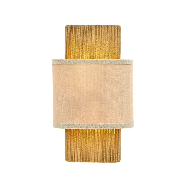 Layered silhouette blends coastal warmth with refined transitional to mid-century modern design, Hand-wrapped natural honey-tone rope inner shade introduces rich texture and artisanal character, Cream linen outer shade softens and diffuses light for a warm, inviting glow, Contrasting organic rope and tailored fabric materials create depth and visual interest even when unlit, Curved shade profile adds gentle movement and sculptural presence to the wall plane, Natural rope subtly filters light, creating a soft glow with visual texture and warmth, Balanced mix of relaxed coastal elements and clean-lined modern design delivers an elevated aesthetic, Designed to function as both decorative accent lighting and ambient illumination, ADA compliant with a shallow projection, ideal for corridors, hallways, and compact spaces, Well-suited for residential interiors and upscale hospitality environments, Ideal for bedrooms, living spaces, dining areas, entryways, and hotel guest rooms, Pairs seamlessly with coordinating Narberth pendants, linear fixtures, and flush mounts for a cohesive interior story Collection: Textile Finish: Brushed Brass Glass: Cream Linen Fabric Width: 8.00" Height: 13.50" Extension from Wall: 4.00" Canopy: 12" H x 4.5" W x 0.75" Proj. Number of Bulbs: 2 Maximum Wattage: 60.00 W Bulb Base: E12 Voltage: 120.00 V Safety Rating: Damp ADA