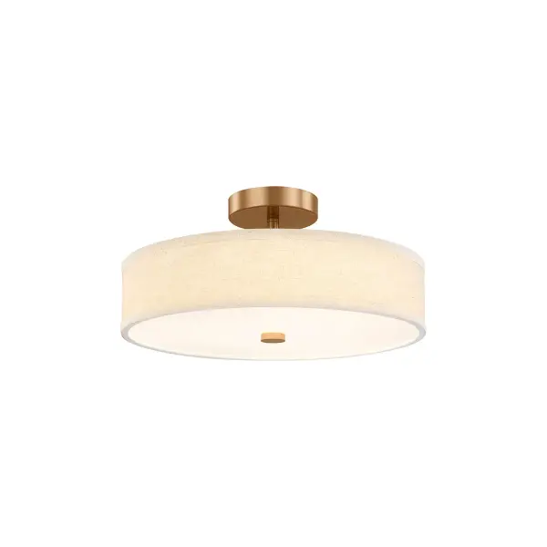 Contemporary drum silhouette semi-flush / Pendant delivers a warm, architectural presence, Low-profile dual-mount design easily converts from pendant to semi-flush for maximum installation flexibility, Includes a 90 degree swivel for clean installation on sloped ceilings, Integrated LED with selectable 5CCT allows users to tailor light color to mood, task, or time of day, Supplied with (1) 6" stem and (3) 12" stems for customizable hanging heights and layered ceiling designs, 18 in. Diameter cream hardback fabric shade delivers a soft, tailored look with even illumination, White acrylic diffuser provides comfortable, glare-free light ideal for everyday use, Refined Brushed Brass finish adds warmth and sophistication while pairing effortlessly with modern and classic interiors, Slim drum profile keeps ceilings feeling open while offering strong visual presence, Ideal for kitchens, dining areas, bedrooms, hallways, living spaces, boutique retail, offices, and hospitality environments, Versatile, timeless design integrates seamlessly into residential, commercial, and hospitality projects, Designed to complement today's furnishings and architectural trends. Collection: Textile Finish: Brushed Brass Glass: Cream Linen Fabric Width: 18.00" Height: 8.75" Canopy: 5.5" Dia. x 1.25" H Maximum Wattage: 28.00 W Light Source: LED Light Output: 2630.00 lm Delivered Lumens: 1775.00 lm Voltage: 120.00 V Safety Rating: Damp LED