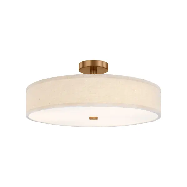 Contemporary drum silhouette semi-flush / Pendant delivers a warm, architectural presence, Low-profile dual-mount design easily converts from pendant to semi-flush for maximum installation flexibility, Includes a 90 degree swivel for clean installation on sloped ceilings, Integrated LED with selectable 5CCT allows users to tailor light color to mood, task, or time of day, Supplied with (1) 6" stem and (3) 12" stems for customizable hanging heights and layered ceiling designs, 24 in. Diameter cream hardback fabric shade delivers a soft, tailored look with even illumination, White acrylic diffuser provides comfortable, glare-free light ideal for everyday use, Refined Brushed Brass finish adds warmth and sophistication while pairing effortlessly with modern and classic interiors, Slim drum profile keeps ceilings feeling open while offering strong visual presence, Ideal for kitchens, dining areas, bedrooms, hallways, living spaces, boutique retail, offices, and hospitality environments, Versatile, timeless design integrates seamlessly into residential, commercial, and hospitality projects, Designed to complement today's furnishings and architectural trends. Collection: Textile Finish: Brushed Brass Glass: Cream Linen Fabric Width: 24.00" Height: 10.25" Canopy: 5.5" Dia. x 1.25" H Maximum Wattage: 28.00 W Light Source: LED Light Output: 2630.00 lm Delivered Lumens: 2100.00 lm Voltage: 120.00 V Safety Rating: Damp LED