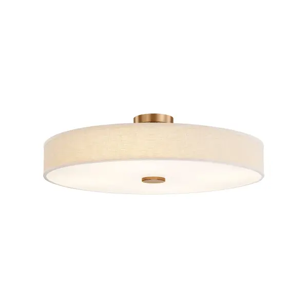 Contemporary drum silhouette semi-flush / Pendant delivers a warm, architectural presence, Low-profile dual-mount design easily converts from pendant to semi-flush for maximum installation flexibility, Includes a 90 degree swivel for clean installation on sloped ceilings, Integrated LED with selectable 5CCT allows users to tailor light color to mood, task, or time of day, Supplied with (1) 6" stem and (3) 12" stems for customizable hanging heights and layered ceiling designs, 36 in. Diameter cream hardback fabric shade delivers a soft, tailored look with even illumination, White acrylic diffuser provides comfortable, glare-free light ideal for everyday use, Refined Brushed Brass finish adds warmth and sophistication while pairing effortlessly with modern and classic interiors, Slim drum profile keeps ceilings feeling open while offering strong visual presence, Ideal for kitchens, dining areas, bedrooms, hallways, living spaces, boutique retail, offices, and hospitality environments, Versatile, timeless design integrates seamlessly into residential, commercial, and hospitality projects, Designed to complement today's furnishings and architectural trends. Collection: Textile Finish: Brushed Brass Glass: Cream Linen Fabric Width: 36.00" Height: 10.75" Canopy: 6.75" Dia. x 1.5" H Maximum Wattage: 43.00 W Light Source: LED Light Output: 4100.00 lm Delivered Lumens: 3215.00 lm Voltage: 120.00 V Safety Rating: Damp LED