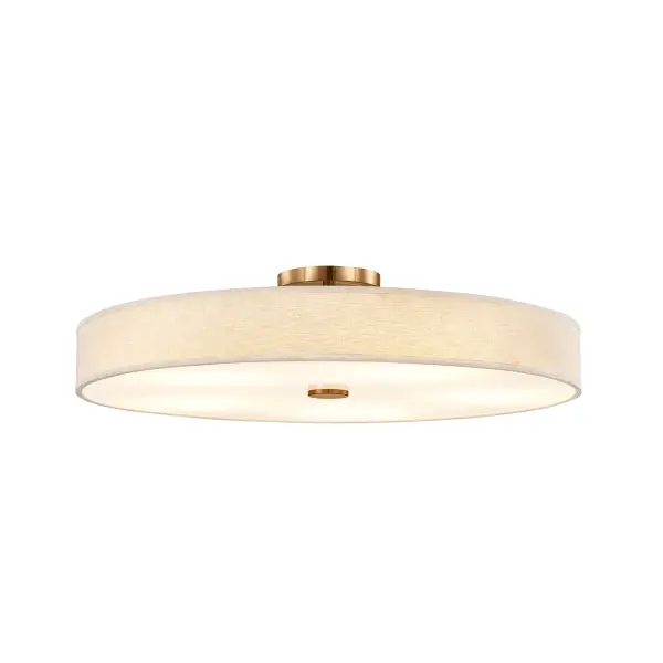 Contemporary drum silhouette semi-flush / Pendant delivers a warm, architectural presence, Low-profile dual-mount design easily converts from pendant to semi-flush for maximum installation flexibility, Includes a 90 degree swivel for clean installation on sloped ceilings, Integrated LED with selectable 5CCT allows users to tailor light color to mood, task, or time of day, Supplied with (1) 6" stem and (3) 12" stems for customizable hanging heights and layered ceiling designs, 48 in. Diameter cream hardback fabric shade delivers a soft, tailored look with even illumination, White acrylic diffuser provides comfortable, glare-free light ideal for everyday use, Refined Brushed Brass finish adds warmth and sophistication while pairing effortlessly with modern and classic interiors, Slim drum profile keeps ceilings feeling open while offering strong visual presence, Ideal for kitchens, dining areas, bedrooms, hallways, living spaces, boutique retail, offices, and hospitality environments, Versatile, timeless design integrates seamlessly into residential, commercial, and hospitality projects, Designed to complement today's furnishings and architectural trends. Collection: Textile Finish: Brushed Brass Glass: Cream Linen Fabric Width: 48.00" Height: 11.75" Canopy: 10" Dia. x 1.5" H Maximum Wattage: 43.00 W Light Source: LED Light Output: 4100.00 lm Delivered Lumens: 3875.00 lm Voltage: 120.00 V Safety Rating: Damp LED