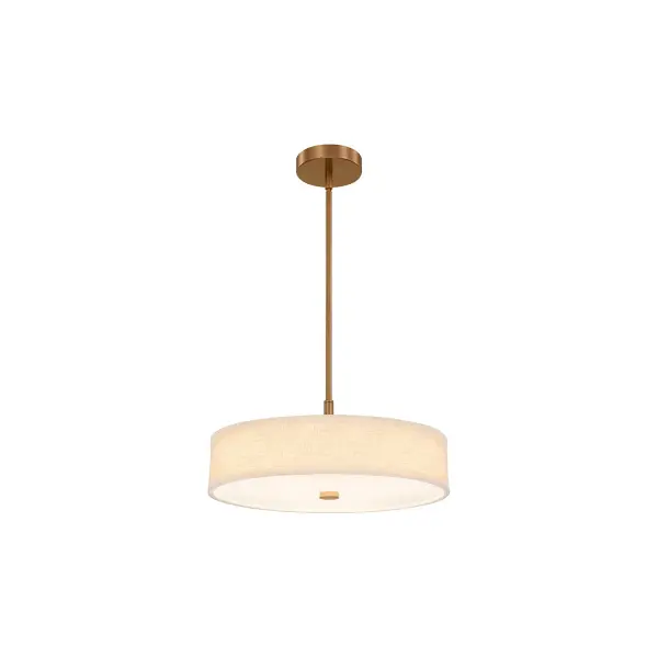 Contemporary drum silhouette semi-flush / Pendant delivers a warm, architectural presence, Low-profile dual-mount design easily converts from pendant to semi-flush for maximum installation flexibility, Includes a 90 degree swivel for clean installation on sloped ceilings, Integrated LED with selectable 5CCT allows users to tailor light color to mood, task, or time of day, Supplied with (1) 6" stem and (3) 12" stems for customizable hanging heights and layered ceiling designs, 18 in. Diameter cream hardback fabric shade delivers a soft, tailored look with even illumination, White acrylic diffuser provides comfortable, glare-free light ideal for everyday use, Refined Brushed Brass finish adds warmth and sophistication while pairing effortlessly with modern and classic interiors, Slim drum profile keeps ceilings feeling open while offering strong visual presence, Ideal for kitchens, dining areas, bedrooms, hallways, living spaces, boutique retail, offices, and hospitality environments, Versatile, timeless design integrates seamlessly into residential, commercial, and hospitality projects, Designed to complement today's furnishings and architectural trends. Collection: Textile Finish: Brushed Brass Glass: Cream Linen Fabric Width: 18.00" Height: 7.50" Canopy: 5.5" Dia. x 1.25" H Maximum Wattage: 28.00 W Light Source: LED Light Output: 2630.00 lm Delivered Lumens: 1775.00 lm Voltage: 120.00 V Safety Rating: Damp LED
