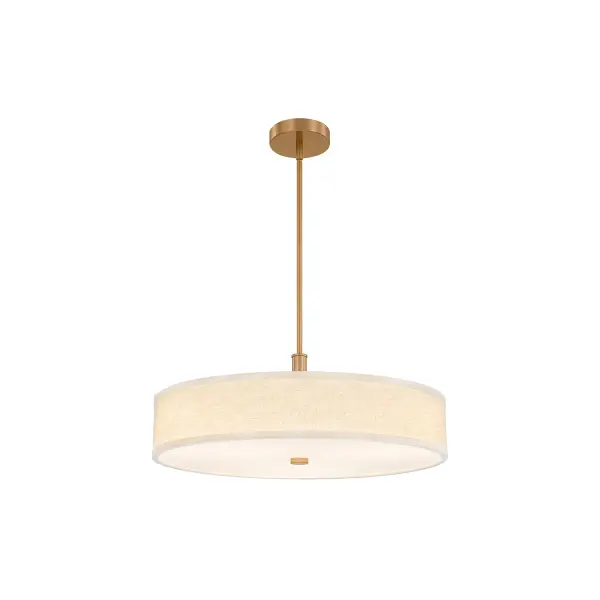 Contemporary drum silhouette semi-flush / Pendant delivers a warm, architectural presence, Low-profile dual-mount design easily converts from pendant to semi-flush for maximum installation flexibility, Includes a 90 degree swivel for clean installation on sloped ceilings, Integrated LED with selectable 5CCT allows users to tailor light color to mood, task, or time of day, Supplied with (1) 6" stem and (3) 12" stems for customizable hanging heights and layered ceiling designs, 24 in. Diameter cream hardback fabric shade delivers a soft, tailored look with even illumination, White acrylic diffuser provides comfortable, glare-free light ideal for everyday use, Refined Brushed Brass finish adds warmth and sophistication while pairing effortlessly with modern and classic interiors, Slim drum profile keeps ceilings feeling open while offering strong visual presence, Ideal for kitchens, dining areas, bedrooms, hallways, living spaces, boutique retail, offices, and hospitality environments, Versatile, timeless design integrates seamlessly into residential, commercial, and hospitality projects, Designed to complement today's furnishings and architectural trends. Collection: Textile Finish: Brushed Brass Glass: Cream Linen Fabric Width: 24.00" Height: 9.00" Canopy: 5.5" Dia. x 1.25" H Maximum Wattage: 28.00 W Light Source: LED Light Output: 2630.00 lm Delivered Lumens: 2100.00 lm Voltage: 120.00 V Safety Rating: Damp LED