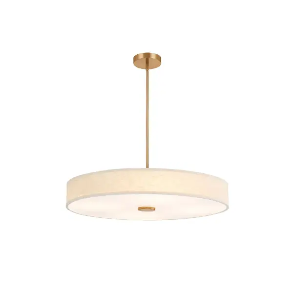 Contemporary drum silhouette semi-flush / Pendant delivers a warm, architectural presence, Low-profile dual-mount design easily converts from pendant to semi-flush for maximum installation flexibility, Includes a 90 degree swivel for clean installation on sloped ceilings, Integrated LED with selectable 5CCT allows users to tailor light color to mood, task, or time of day, Supplied with (1) 6" stem and (3) 12" stems for customizable hanging heights and layered ceiling designs, 36 in. Diameter cream hardback fabric shade delivers a soft, tailored look with even illumination, White acrylic diffuser provides comfortable, glare-free light ideal for everyday use, Refined Brushed Brass finish adds warmth and sophistication while pairing effortlessly with modern and classic interiors, Slim drum profile keeps ceilings feeling open while offering strong visual presence, Ideal for kitchens, dining areas, bedrooms, hallways, living spaces, boutique retail, offices, and hospitality environments, Versatile, timeless design integrates seamlessly into residential, commercial, and hospitality projects, Designed to complement today's furnishings and architectural trends. Collection: Textile Finish: Brushed Brass Glass: Cream Linen Fabric Width: 36.00" Height: 9.50" Canopy: 6.75" Dia. x 1.5" H Maximum Wattage: 43.00 W Light Source: LED Light Output: 4100.00 lm Delivered Lumens: 3215.00 lm Voltage: 120.00 V Safety Rating: Damp LED
