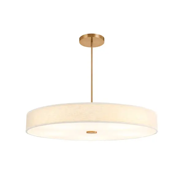 Contemporary drum silhouette semi-flush / Pendant delivers a warm, architectural presence, Low-profile dual-mount design easily converts from pendant to semi-flush for maximum installation flexibility, Includes a 90 degree swivel for clean installation on sloped ceilings, Integrated LED with selectable 5CCT allows users to tailor light color to mood, task, or time of day, Supplied with (1) 6" stem and (3) 12" stems for customizable hanging heights and layered ceiling designs, 48 in. Diameter cream hardback fabric shade delivers a soft, tailored look with even illumination, White acrylic diffuser provides comfortable, glare-free light ideal for everyday use, Refined Brushed Brass finish adds warmth and sophistication while pairing effortlessly with modern and classic interiors, Slim drum profile keeps ceilings feeling open while offering strong visual presence, Ideal for kitchens, dining areas, bedrooms, hallways, living spaces, boutique retail, offices, and hospitality environments, Versatile, timeless design integrates seamlessly into residential, commercial, and hospitality projects, Designed to complement today's furnishings and architectural trends. Collection: Textile Finish: Brushed Brass Glass: Cream Linen Fabric Width: 48.00" Height: 9.75" Canopy: 10" Dia. x 1.5" H Maximum Wattage: 43.00 W Light Source: LED Light Output: 4100.00 lm Delivered Lumens: 3875.00 lm Voltage: 120.00 V Safety Rating: Damp LED