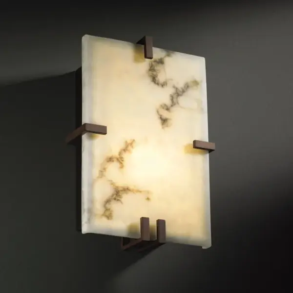Primary Shade Material: Faux Alabaster Resin Collection: LumenAria Finish: Dark Bronze Glass: Faux Alabaster Resin Notes: Primary Shade Material: Faux Alabaster Resin Width: 8.50" Height: 12.50" Extension from Wall: 4.00" Top to Outlet: 6.25" Number of Bulbs: 2 Maximum Wattage: 13.00 W Bulb Base: GU24 Light Source: LED Safety Listing: Damp Safety Rating: Damp ADA LED
