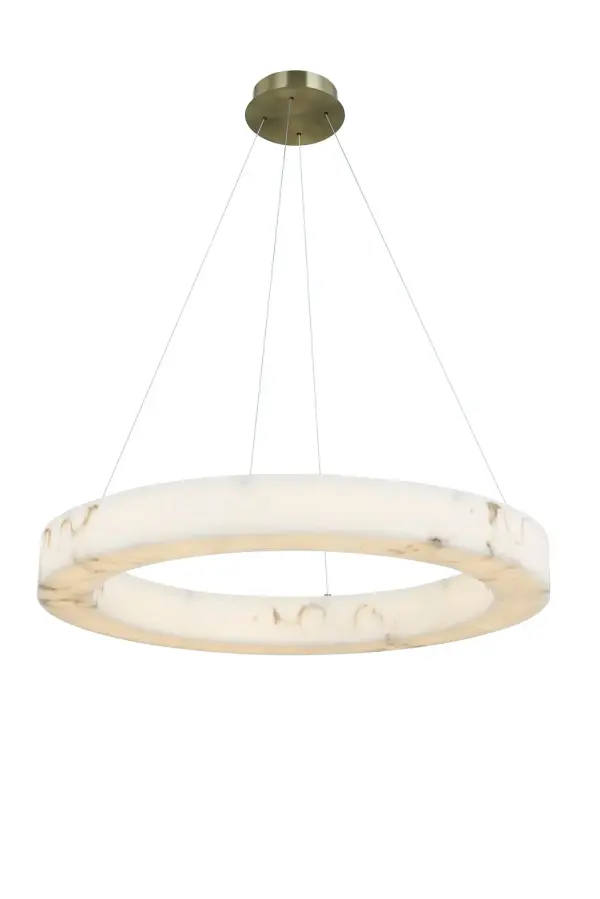 Collection: LumenAria Finish: Brushed Brass Glass: Faux Alabaster Resin Width: 32.00" Height: 3.50" Canopy: 7.25" Dia x 1.5" H Maximum Wattage: 50.00 W Light Source: LED Light Output: 4750.00 lm Delivered Lumens: 3000.00 lm Voltage: 120.00 V Safety Rating: Damp LED