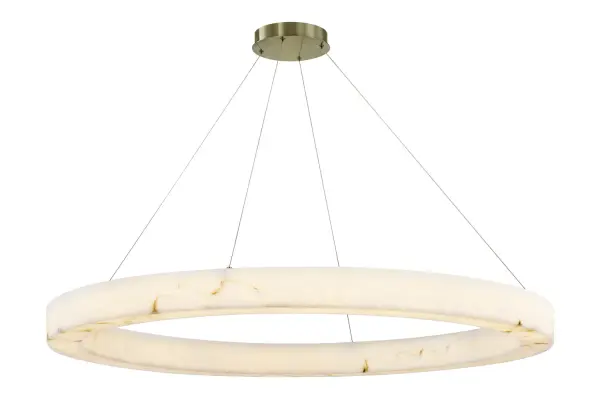 Collection: LumenAria Finish: Brushed Brass Glass: Faux Alabaster Resin Width: 52.00" Height: 3.50" Canopy: 8.5" Dia x 2" H Maximum Wattage: 86.00 W Light Source: LED Light Output: 9600.00 lm Delivered Lumens: 4990.00 lm Voltage: 120.00 V Safety Listing: UL/ETL Safety Rating: Damp LED