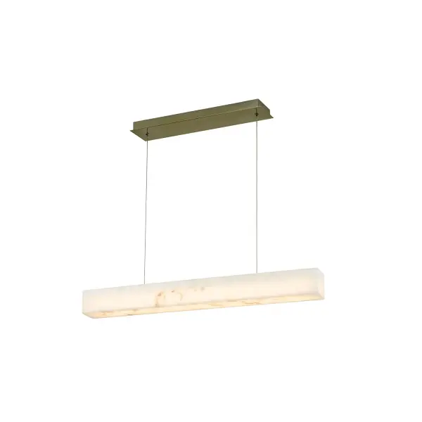 Sleek 36" linear silhouette pendant creates a refined architectural statement ideal for modern and transitional interiors, integrated 3000K LED delivers warm, even illumination while remaining fully dimmable for customizable ambiance, sloped and vaulted ceiling compatible for added installation flexibility, includes (2) adjustable 120" hanging cords to accommodate a wide range of ceiling heights and layouts, crafted from faux alabaster resin that beautifully mimics the depth, veining, and glow of natural stone, when illuminated, the material reveals rich tonal variation for a high-end, organic look, Title 24 compliant and damp-location rated, making it suitable for kitchens, dining areas, corridors, offices, and hospitality spaces, brushed brass rectangular canopy adds a subtle layer of warmth and sophistication, coordinates seamlessly with matching Medley sconces and ring pendants for a cohesive lighting design, timeless, versatile design well suited for residential, commercial, and hospitality applications alike, Collection: LumenAria Finish: Brushed Brass Glass: Faux Alabaster Resin Width: 3.50" Height: 3.50" Length: 36.00" Canopy: 15.5" L x 5" W x 0.75" H Maximum Wattage: 18.00 W Light Source: LED Light Output: 1920.00 lm Delivered Lumens: 1080.00 lm Voltage: 120.00 V Safety Rating: Damp LED