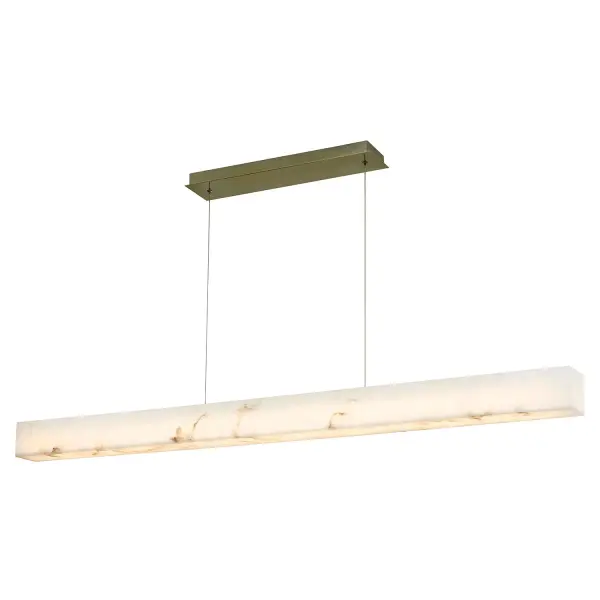 Sleek 60" linear silhouette pendant creates a refined architectural statement ideal for modern and transitional interiors, integrated 3000K LED delivers warm, even illumination while remaining fully dimmable for customizable ambiance, sloped and vaulted ceiling compatible for added installation flexibility, includes (2) adjustable 120" hanging cords to accommodate a wide range of ceiling heights and layouts, crafted from faux alabaster resin that beautifully mimics the depth, veining, and glow of natural stone, when illuminated, the material reveals rich tonal variation for a high-end, organic look, Title 24 compliant and damp-location rated, making it suitable for kitchens, dining areas, corridors, offices, and hospitality spaces, brushed brass rectangular canopy adds a subtle layer of warmth and sophistication, coordinates seamlessly with matching Medley sconces and ring pendants for a cohesive lighting design, timeless, versatile design well suited for residential, commercial, and hospitality applications alike, Collection: LumenAria Finish: Brushed Brass Glass: Faux Alabaster Resin Width: 3.50" Height: 3.50" Length: 60.00" Canopy: 20.75" L x 5" W x 0.75" H Maximum Wattage: 30.00 W Light Source: LED Light Output: 3000.00 lm Delivered Lumens: 1630.00 lm Voltage: 120.00 V Safety Rating: Damp LED