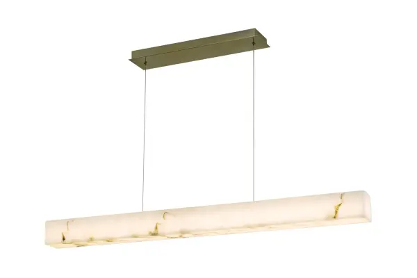 Collection: LumenAria Finish: Brushed Brass Glass: Faux Alabaster Resin Width: 3.50" Height: 3.50" Length: 48.00" Canopy: 20.75" L x 5" W x 0.75" H Maximum Wattage: 20.00 W Light Source: LED Light Output: 2500.00 lm Delivered Lumens: 1550.00 lm Voltage: 120.00 V Safety Listing: UL/ETL Safety Rating: Damp LED