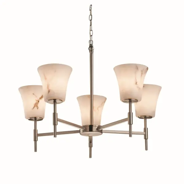 Collection: LumenAria Finish: Brushed Nickel Glass: Faux Alabaster Resin Width: 25.50" Height: 25.00" Canopy: .75" H x 5" Dia. Number of Bulbs: 5 Maximum Wattage: 60.00 W Bulb Type: B13 Torpedo Safety Listing: Damp Safety Rating: Damp