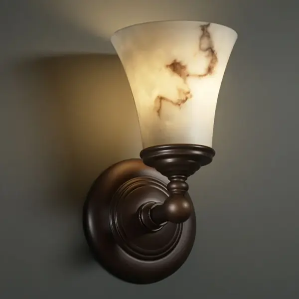 Primary Shade Material: Faux Alabaster Resin Collection: LumenAria Finish: Dark Bronze Glass: Faux Alabaster Resin Notes: Primary Shade Material: Faux Alabaster Resin Width: 5.50" Height: 10.50" Extension from Wall: 6.25" Top to Outlet: 7.75" Number of Bulbs: 1 Maximum Wattage: 60.00 W Bulb Type: B13 Torpedo Bulb Base: Medium Light Source: Incandescent Safety Listing: Damp Safety Rating: Damp