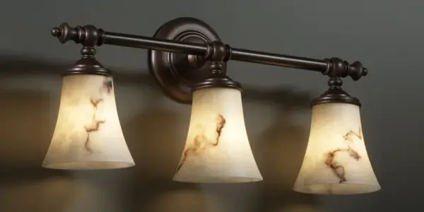 Primary Shade Material: Faux Alabaster Resin Collection: LumenAria Finish: Dark Bronze Glass: Faux Alabaster Resin Notes: Primary Shade Material: Faux Alabaster Resin Width: 22.75" Height: 10.50" Extension from Wall: 6.25" Top to Outlet: 7.75" Number of Bulbs: 3 Maximum Wattage: 60.00 W Bulb Type: B13 Torpedo Bulb Base: Medium Light Source: Incandescent Safety Listing: Damp Safety Rating: Damp