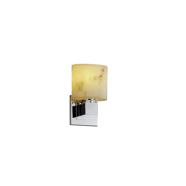 Collection: LumenAria Finish: Polished Chrome Glass: Faux Alabaster Resin Notes: This fixture can be installed as an uplight or downlight. Also available in Brushed Nickel, Matte Black, Polished Chrome finish. Width: 6.50" Height: 9.75" Extension from Wall: 4.00" Top to Outlet: 7.25" Number of Bulbs: 1 Maximum Wattage: 60.00 W Bulb Type: B13 Torpedo Bulb Base: Medium Light Source: Incandescent Safety Listing: Damp Safety Rating: Damp ADA