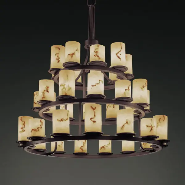 Primary Shade Material: Faux Alabaster Resin Collection: LumenAria Finish: Dark Bronze Glass: Faux Alabaster Resin Notes: Primary Shade Material: Faux Alabaster Resin Width: 42.00" Height: 42.00" Chain: 6` Wire: 10` Canopy: 1" H x 5.25" Dia. Number of Bulbs: 36 Maximum Wattage: 40.00 W Bulb Type: BA9 Torpedo Bulb Base: Bayonet Light Source: LED Safety Listing: Damp Safety Rating: Damp Energy Efficient