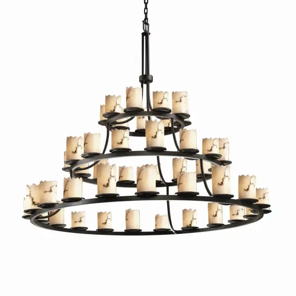 Collection: LumenAria Finish: Dark Bronze Glass: Faux Alabaster Resin Notes: Includes 6 ft. of chain and 10 ft. of wire. Also available in Matte Black finish. Width: 60.00" Height: 54.00" Chain: 6` Wire: 10` Canopy: 1" H x 5.25" Dia. Number of Bulbs: 45 Maximum Wattage: 40.00 W Bulb Type: BA9 Torpedo Bulb Base: Bayonet Light Source: LED Safety Listing: Damp Safety Rating: Damp Energy Efficient