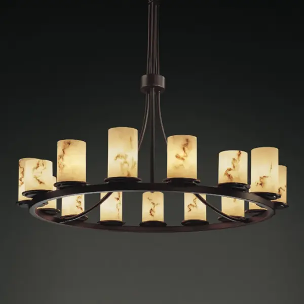 Primary Shade Material: Faux Alabaster Resin Collection: LumenAria Finish: Dark Bronze Glass: Faux Alabaster Resin Notes: Primary Shade Material: Faux Alabaster Resin Width: 42.00" Height: 34.00" Chain: 6` Wire: 10` Canopy: 1" H x 5.25" Dia. Number of Bulbs: 15 Maximum Wattage: 60.00 W Bulb Type: BA9 Torpedo Bulb Base: Bayonet Light Source: LED Safety Listing: Damp Safety Rating: Damp Energy Efficient