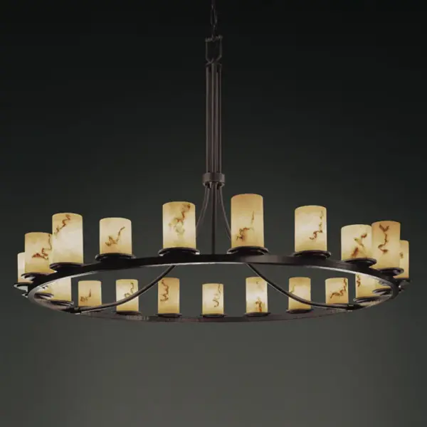 Primary Shade Material: Faux Alabaster Resin Collection: LumenAria Finish: Dark Bronze Glass: Faux Alabaster Resin Notes: Primary Shade Material: Faux Alabaster Resin Width: 60.00" Height: 34.00" Chain: 6` Wire: 10` Canopy: 1" H x 5.25" Dia. Number of Bulbs: 21 Maximum Wattage: 60.00 W Bulb Type: BA9 Torpedo Bulb Base: Bayonet Light Source: LED Safety Listing: Damp Safety Rating: Damp Energy Efficient