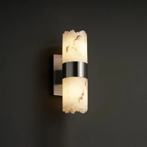 Collection: LumenAria Finish: Brushed Nickel Glass: Faux Alabaster Resin Notes: Each downlight shade is secured with metal brads (provided) which require holes to be drilled in the shade by the installer. Also available in Brushed Width: 5.00" Height: 13.00" Extension from Wall: 6.00" Top to Outlet: 5.75" Number of Bulbs: 2 Maximum Wattage: 60.00 W Bulb Type: BA9 Torpedo Bulb Base: Bayonet Light Source: LED Safety Listing: Damp Safety Rating: Damp Energy Efficient
