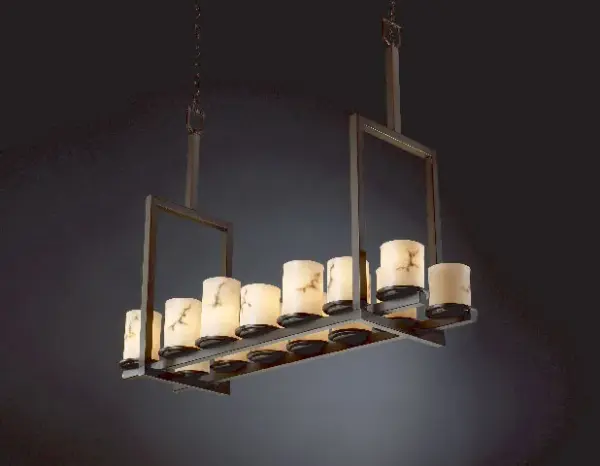 Collection: LumenAria Finish: Dark Bronze Glass: Faux Alabaster Resin Notes: Includes 6 ft. of chain and 10 ft. of wire. Also available in Brushed Nickel, Matte Black finish. Width: 13.00" Height: 34.00" Length: 42.00" Extension from Wall: 13.00" Chain: 6` Wire: 10` Canopy: .75" H x 35" L x 5" W Number of Bulbs: 14 Maximum Wattage: 60.00 W Bulb Type: BA9 Torpedo Bulb Base: Bayonet Light Source: LED Safety Listing: Damp Safety Rating: Damp Energy Efficient