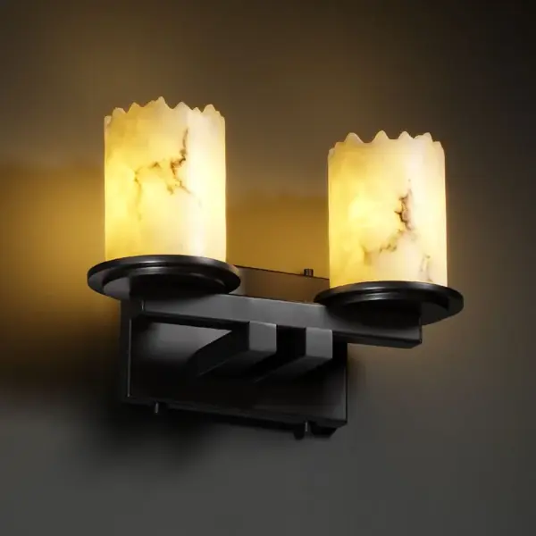 Primary Shade Material: Faux Alabaster Resin Collection: LumenAria Finish: Matte Black Glass: Faux Alabaster Resin Notes: Primary Shade Material: Faux Alabaster Resin Width: 13.00" Height: 9.00" Extension from Wall: 6.25" Top to Outlet: 6.50" Number of Bulbs: 2 Maximum Wattage: 60.00 W Bulb Type: BA9 Torpedo Bulb Base: Bayonet Light Source: LED Safety Listing: Damp Safety Rating: Damp Energy Efficient